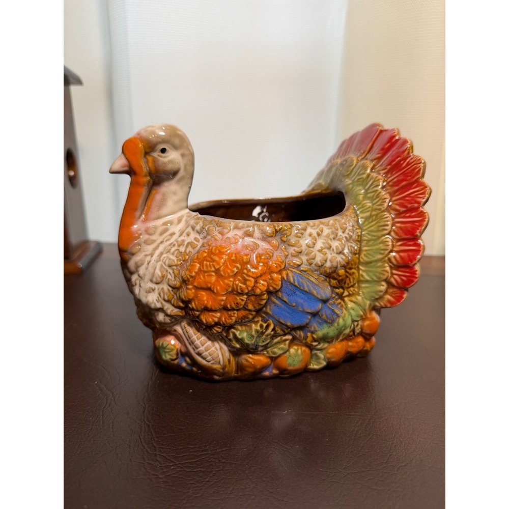 Vintage Ceramic Turkey Planter Thanksgiving Candy Dish Harvest Decor Multi-Color